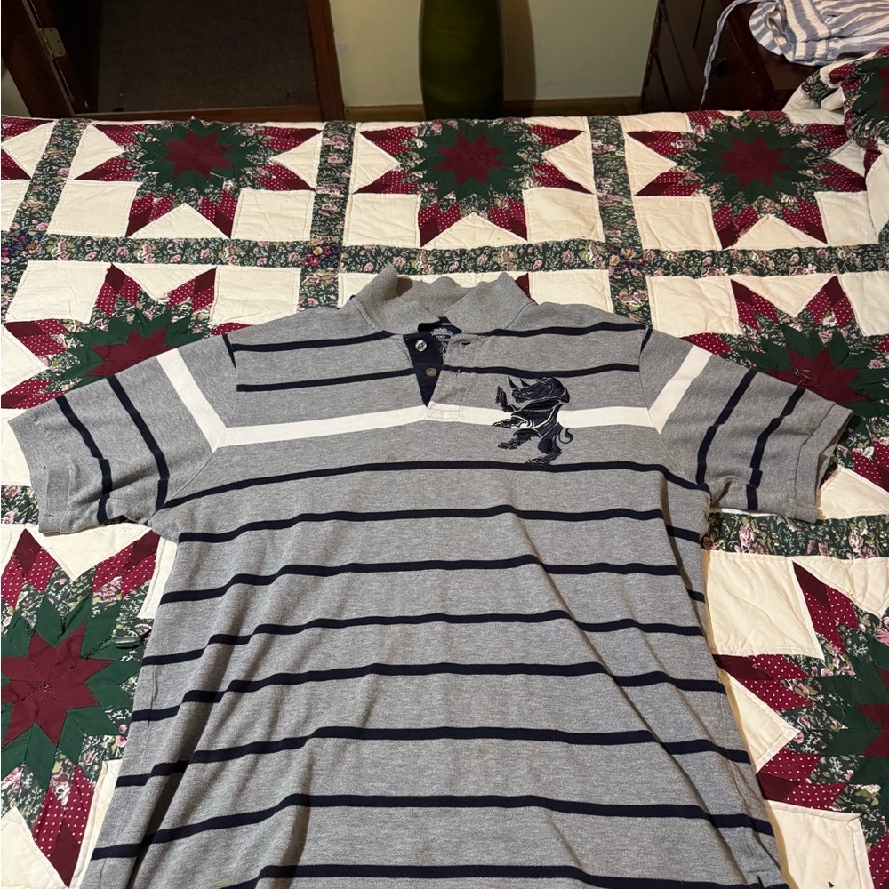 Ecko Unlimited Gray and Navy Striped Polo